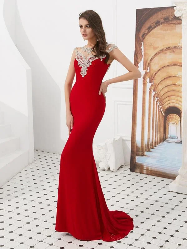 Backless summer maxi dress-Cap Sleeves Red Beaded Mermaid Evening Prom Dresses, Evening Party Prom Dresses, 12086