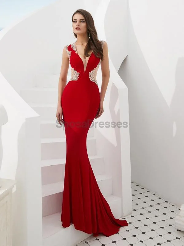 Asymmetrical hemline maxi dress-Cap Sleeves Red Beaded Mermaid See Through Evening Prom Dresses, Evening Party Prom Dresses, 12087