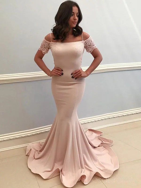 Festive look formal maxi dress-Champagne Off Shoulder Mermaid Long Evening Prom Dresses, Cheap Sweet 16 Dresses, 18319