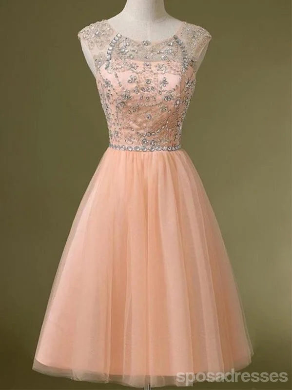 Bow detail formal maxi dress-Peach Tulle Beaded Short Cute homecoming prom dresses, CM0031