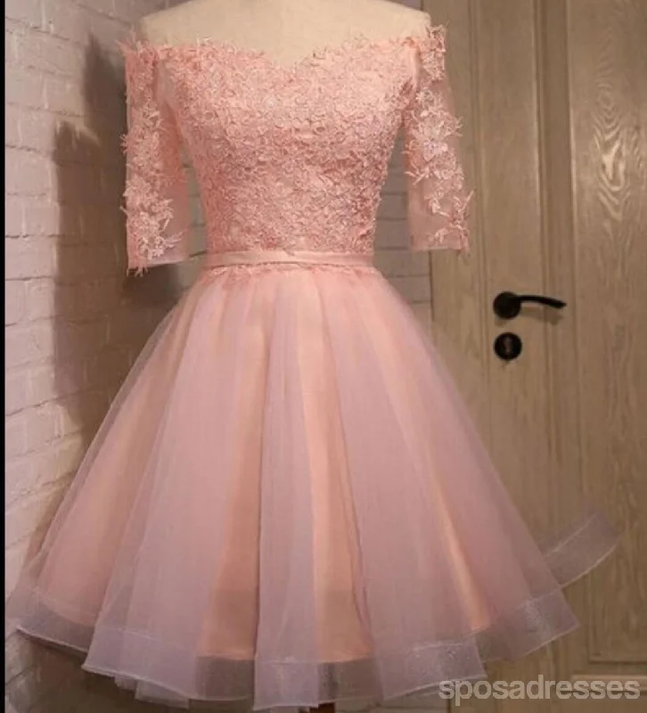 Elastic waist summer maxi dress-Long sleeve lace pink short homecoming prom dresses, CM0006