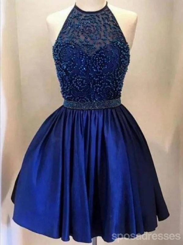 Braided strap casual maxi dress-Halter backless Royal Blue Beaded homecoming prom dresses, CM0026