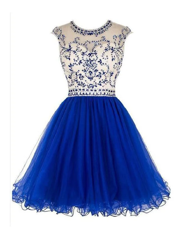 Denim fabric casual maxi dress-Sexy Open back Royal Blue Short Tulle homecoming prom dresses, CM0008