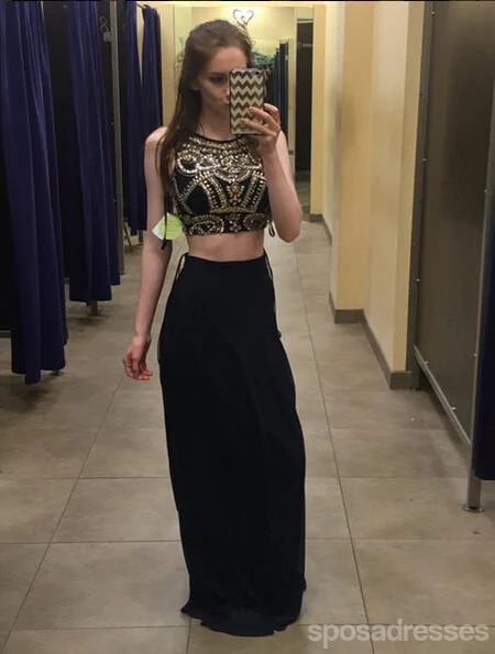 Off-shoulder formal maxi dress-Black Two Pieces Evening Prom Dresses, Sexy Gold Beaded Party Prom Dress, Custom Long Prom Dresses, Cheap Formal Prom Dresses, 17067