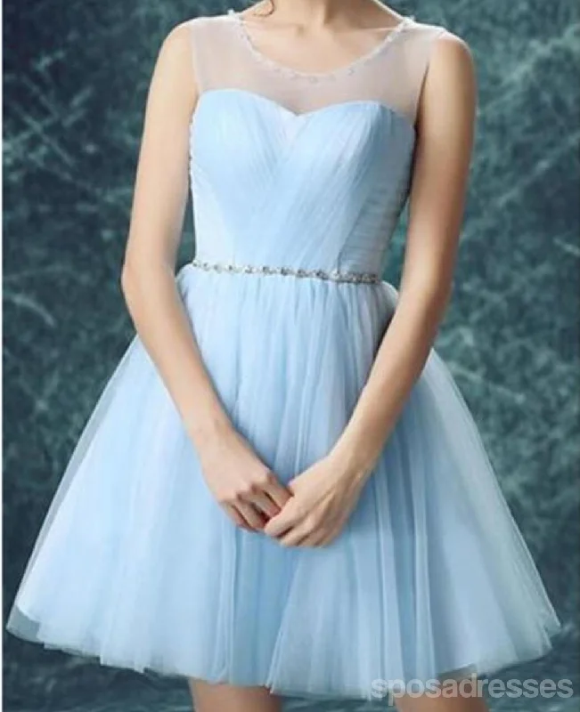 Cotton fabric casual maxi dress-Light Blue Illusion Tulle Cute homecoming prom dresses, CM0017