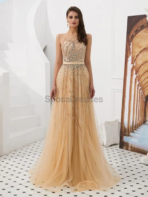 Velvet texture maxi dress-Cowl See Through Gold Beaded A-line Evening Prom Dresses, Evening Party Prom Dresses, 12093