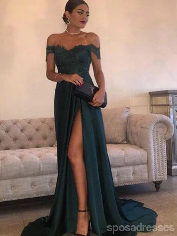 Nautical theme beach maxi dress-Dark Green Off Shoulder Sexy Side Slit Fashion Long Evening Prom Dresses, 17305