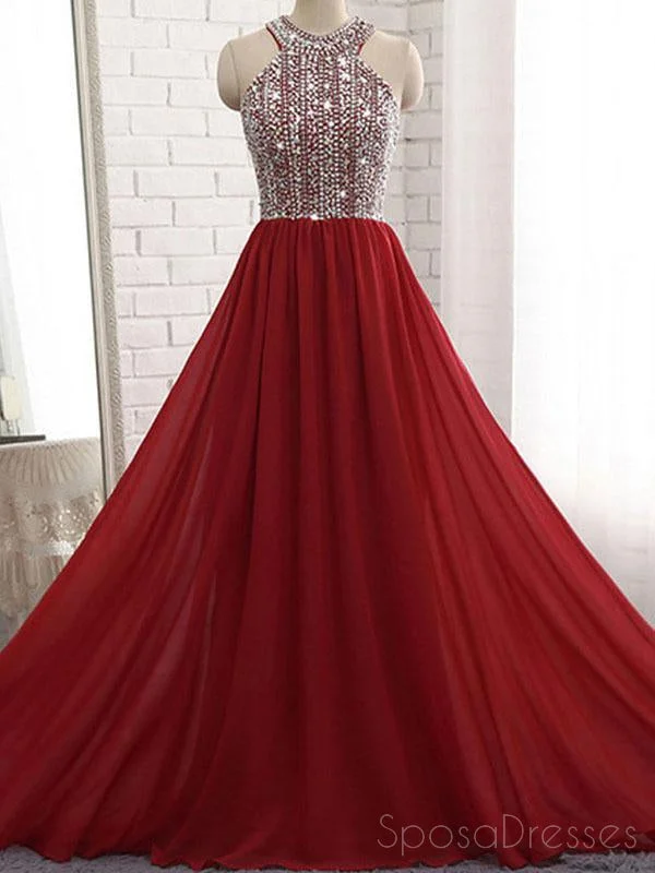 Keyhole back maxi dress-Dark Red Halter Chiffon Beaded A line Long Custom Evening Prom Dresses, 17416