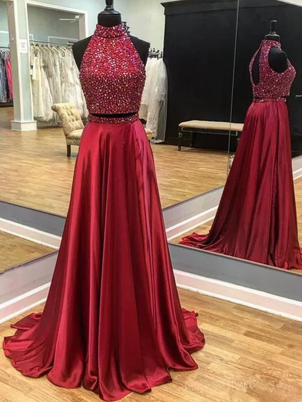 Halter neck summer maxi dress-Dark Red Halter Open Back Beaded Floor Long Custom Evening Prom Dresses, 17423