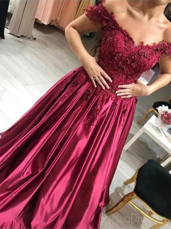 Art deco design casual maxi dress-Dark Red Off Shoulder Lace A line Long Evening Prom Dresses, 17468