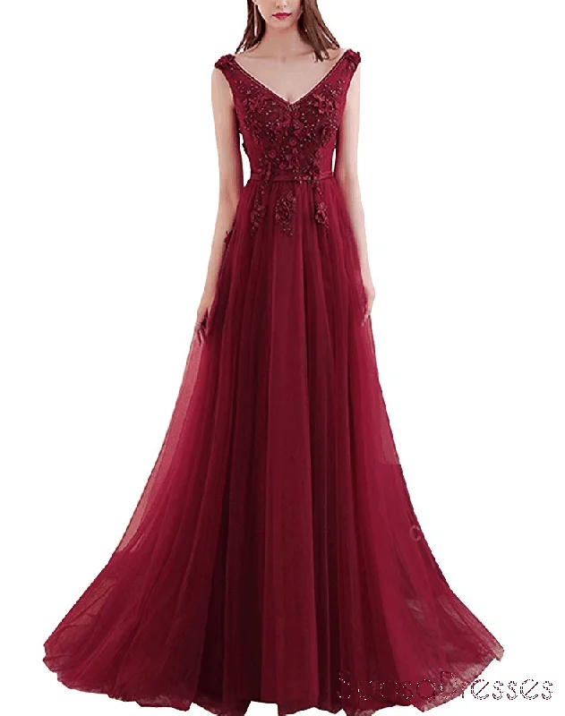 Retro style elegant maxi dress-Maroon Sexy Deep V Neckline Lace Beaded Long Evening Prom Dresses, Popular Cheap Long 2018 Party Prom Dresses, 17300