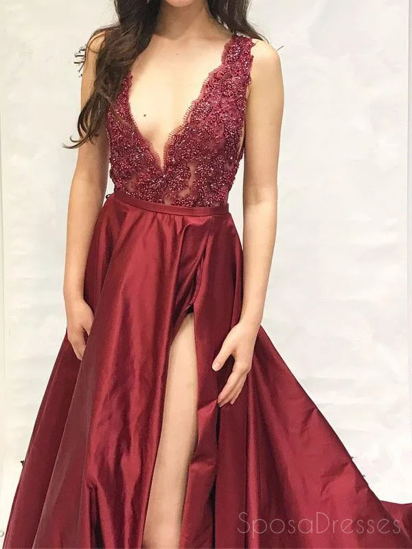 Side pocket beach maxi dress-Dark Red Sexy V Neck Side Slit A-line Cheap Evening Prom Dresses,17498