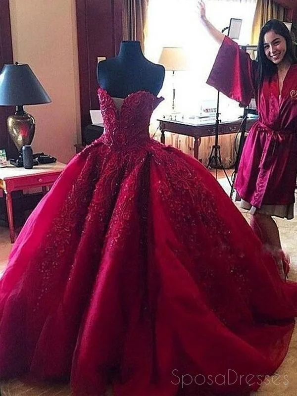 Knot front summer maxi dress-Maroon Sweetheart Neck Lace Beaded Ball Gown Long Custom Evening Prom Dresses, 17415