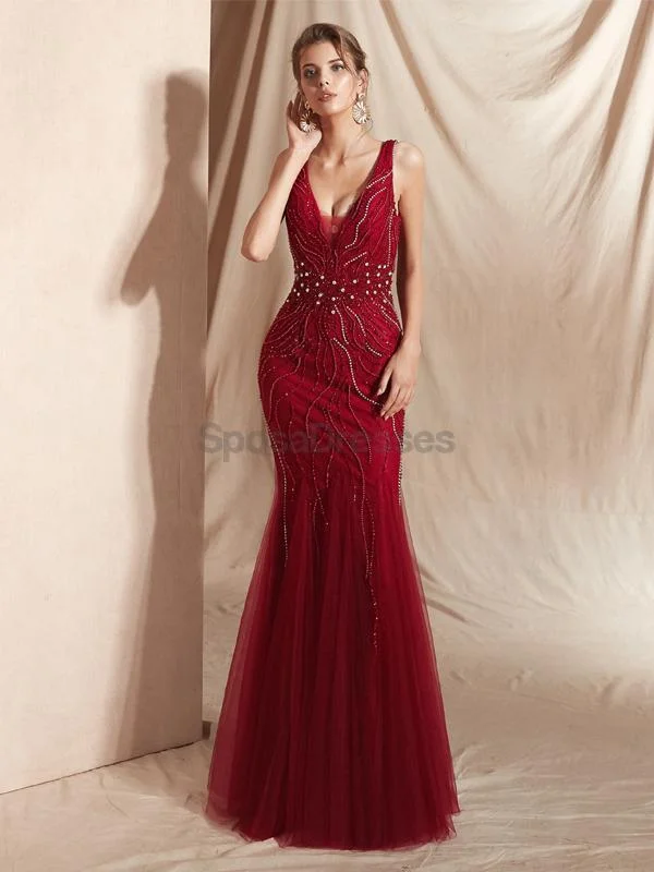 Flowy skirt beach maxi dress-Dark Red V Neck Backless Beaded Mermaid Evening Prom Dresses, Evening Party Prom Dresses, 12065