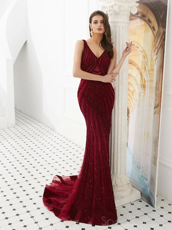 Adjustable strap summer maxi dress-Dark Red V Neck Lace Rhinestone Beaded Evening Prom Dresses, Evening Party Prom Dresses, 12090