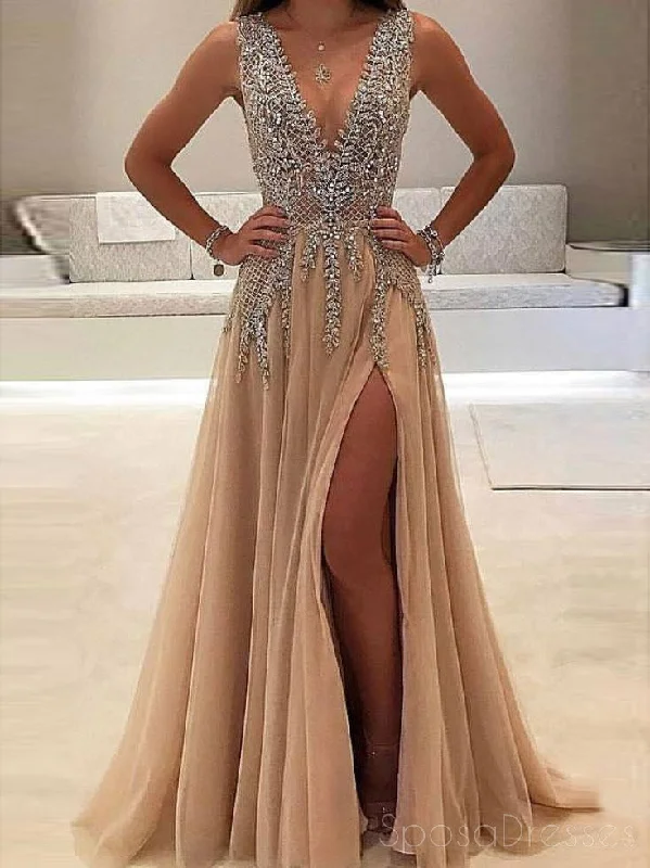 Cutout design casual maxi dress-Sexy See Through Delicate Beading Side Slit Tulle Long Evening Prom Dresses, 172344