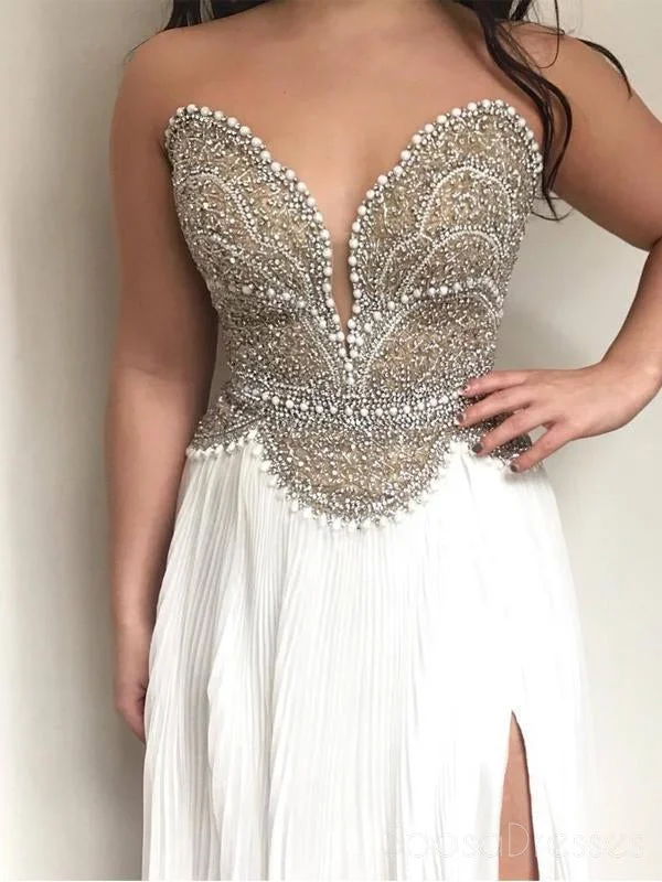 High-low hem maxi dress-Delicately Beaded Sexy Deep V Neckline Side Slit Long Evening Prom Dresses, Popular Cheap Long Custom Party Prom Dresses, 17317