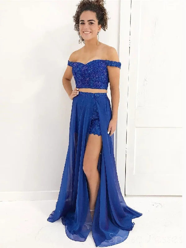 Casual beach maxi dress-Detachable Royal Blue Lace Off Shoulder Two Pieces Long Custom Evening Prom Dresses, 17446