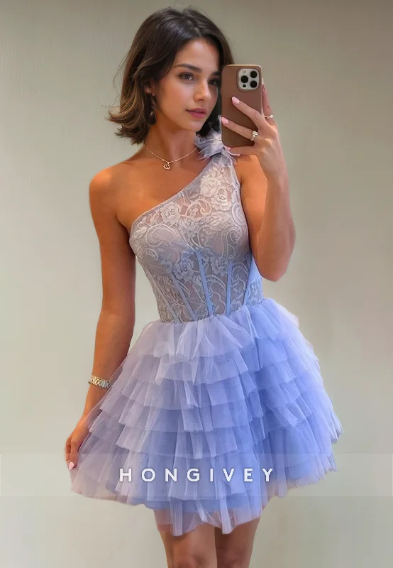 Elegant mini dress-Chic A-Line One Shoulder Sleeveless Sheer Empire Appliques Short Party Homecoming Dress