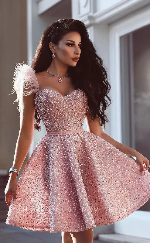 Trapeze mini dress-H1602 - Pink Feathered Embellished Fully Beaded Homecoming Party Dress