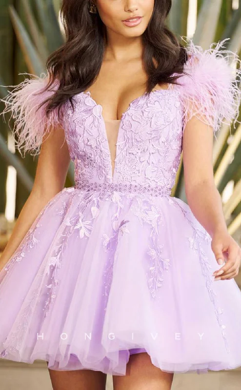 Square neck mini dress-H1623 - Floral Appliqued Plunging Illusion Feathered Homecoming Graduation Dress