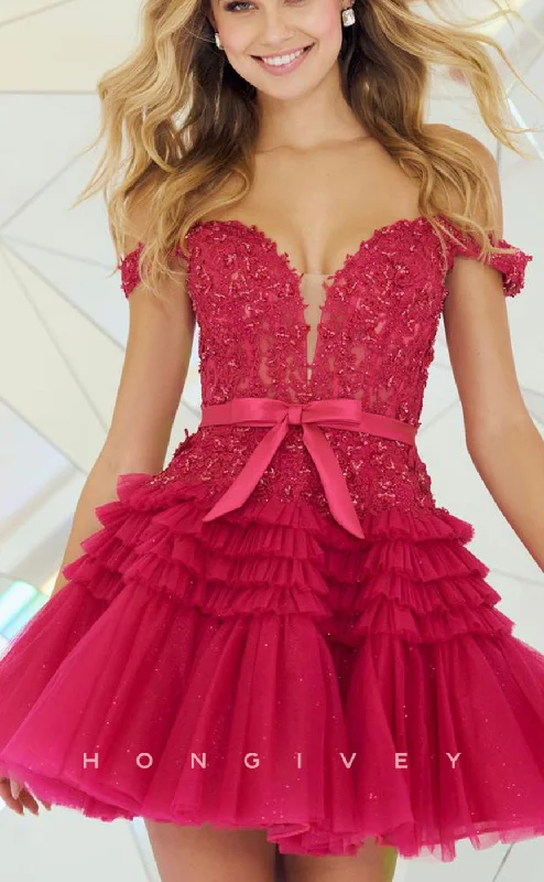 Skater mini dress-H1630 - Sweet Lace Applique With Bow Detail Plunging Illusion Short Homecoming Party Graduation Dress