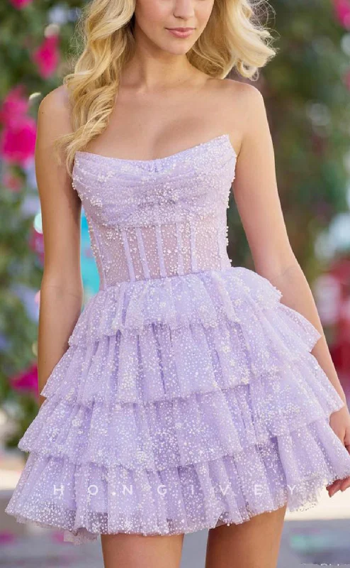 Ruffle mini dress-H1644 - Sweet Illusion Fully Beaded Cake Short Homecoming Party Graduation Dress