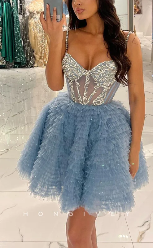 Pleated mini dress-H1652 - Sparkly Sweet Rhinestone Embellished Illusion Short Homecoming Party Graduation Dress