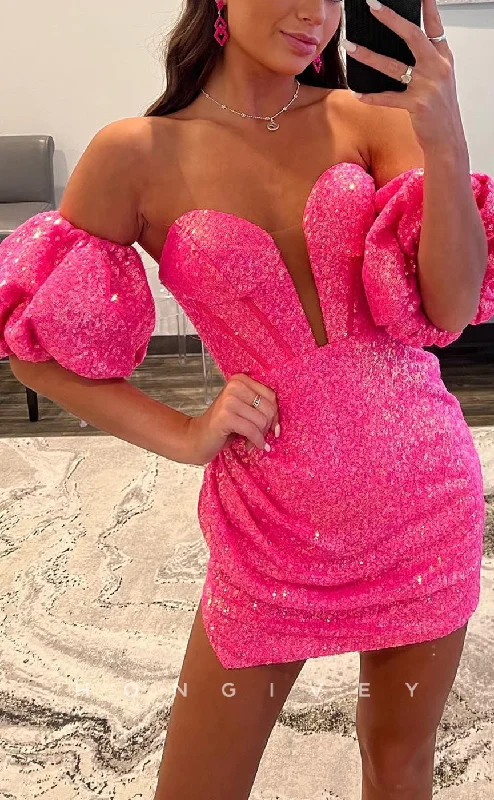 Layered mini dress-H1671 - Sheer Fully Sequined Bell Sleeved Plunging Illusion Short Party Homecoming Graduation Dress