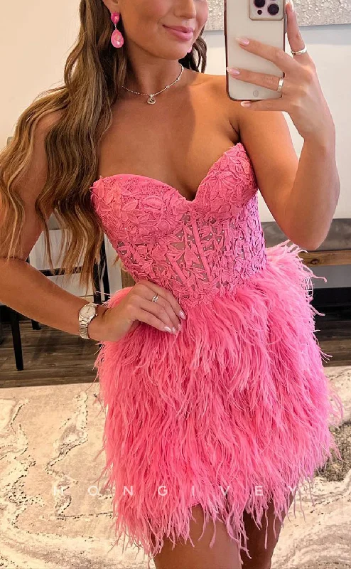 High-low mini dress-H1681 - Sweet Illusion Feathered Lace Applique Strapless Short Homecoming Graduation Party Dress