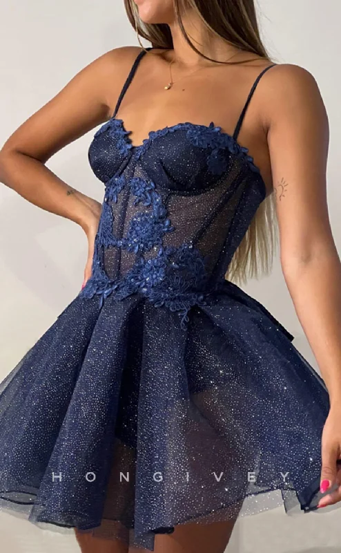 Embellished mini dress-H1705 - Sparkly Lace Applique Illusion Strappy Short  Homecoming Graduation Party Dress