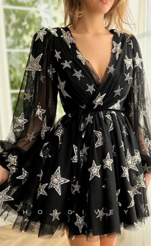 Cocktail mini dress-H1723 - Illusion Star Shape Rhinestone Applique Short Party Homecoming Graduation Dress