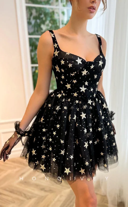 Club mini dress-H1724 - Illusion Star Shape Glitter Print See-Through Gloves Short Graduation Party Homecoming Dress