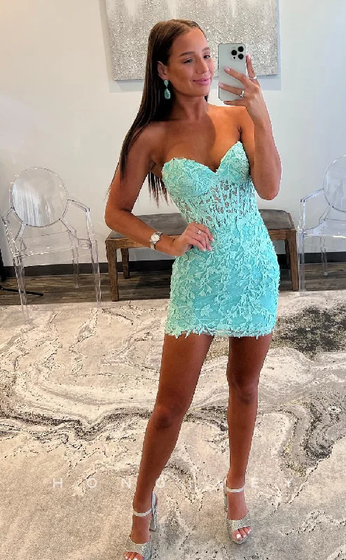 Bohemian mini dress-H1735 - Illusion Strapless Fully Lace Short Party  Homecoming Graduation Dress