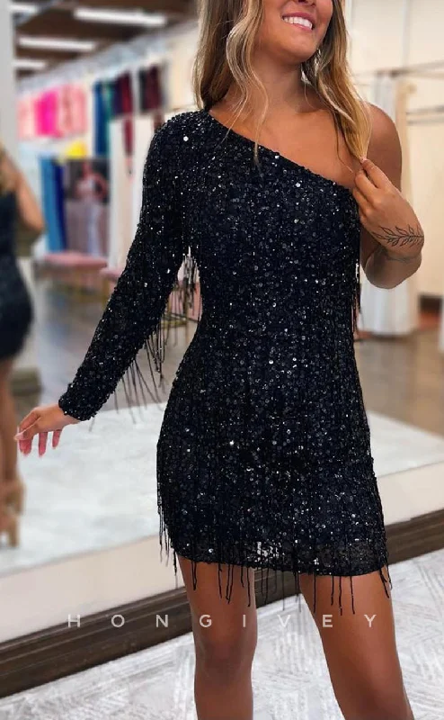 V-neck mini dress-H1837 - Fitted One Shoulder Fully Sequined Beaded Fringe Short Homecoming Dress