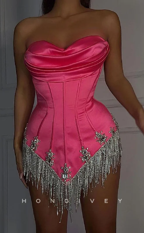 Sheer mini dress-H1867 - Fitted Sweetheart Draped Sparkly Beaded Fringe Party/Homecoming Dress