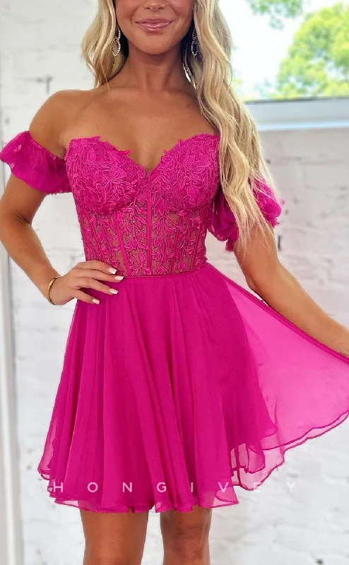 Bardot mini dress-H1889 - Sexy A-Line Sweetheart Appliques Lace-Up Short Homecoming Dress