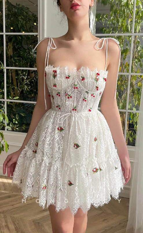 Empire waist mini dress-H1950 - Sweet Lace Appliques Sweetheart Spaghetti Straps Sashes Short Homecoming Dress