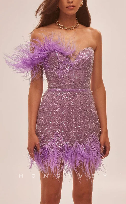 Glitter mini dress-H1976 - Sexy Fitted Glitter Fully Sequined Sweetheart Feather Short Party/Homecoming Dress