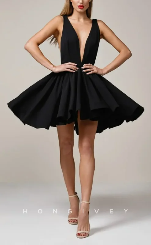 Printed mini dress-H2028 - Sexy Black A-Line Plunging Neck Open Back Party/Homecoming Dress