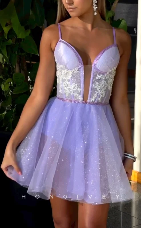 Retro mini dress-H2031 - Chic Glitter A-Line Spaghetti Straps Plunging Illusion Tulle Homecoming Dress