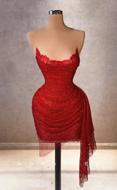 Cut-out mini dress-H2047 - Sexy Fitted Glitter Illusion Bateau Strapless Sleeveless Ruched Short Party/Homecoming Dress