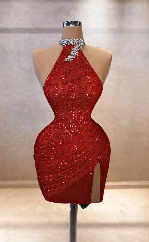 Gypsy mini dress-H2048 - Sexy Fitted Glitter Red Fully Sequined High Neck Sleeveless Short Party/Homecoming Dress