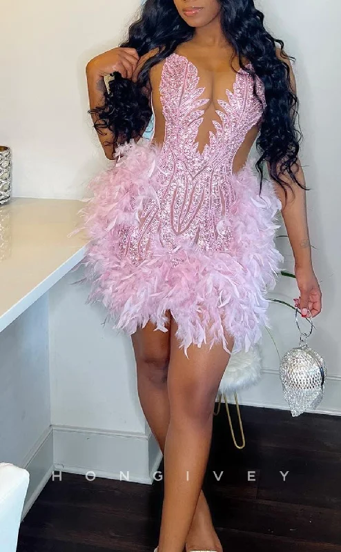 Strapless mini dress-H2093 - Sexy Fitted Glitter Illusion Scoop Sleeveless Sequined Feathers Homecoming Dresses For Black Women