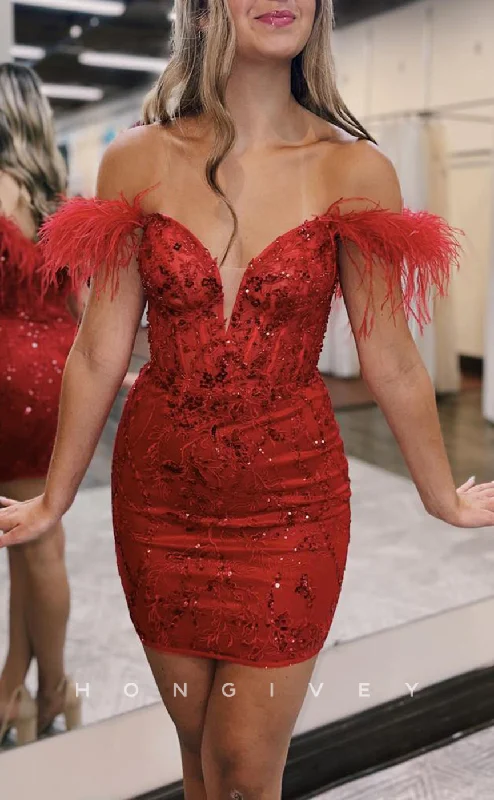 Embroidered mini dress-H2140 - Sexy Fitted Satin Off-Shoulder Feathers Appliques Party/Homecoming Dress