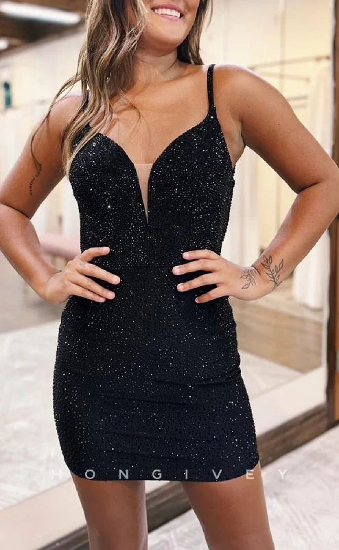 Fit and flare mini dress-H2147 - Sexy Fitted V-Neck Spaghetti Straps Fully Beaded Party/Homecoming Dress