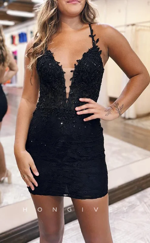 High-low mini dress-H2155 - Sexy Low V-Neck Appliques Beaded Open Back Party/Homecoming Dress