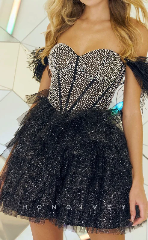 Skater mini dress-H2197 - Chic Sweetheart Feathers Off-Shoulder Beaded Party/Homecoming Dress