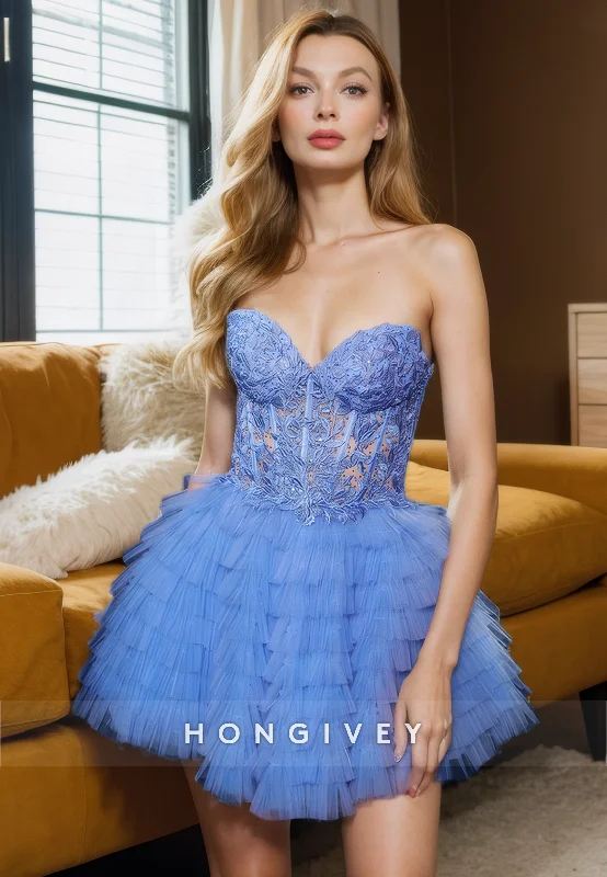 Everyday mini dress-Tulle A-Line Sweetheart Strapless Empire Lace Applique Party/Homecoming Dress