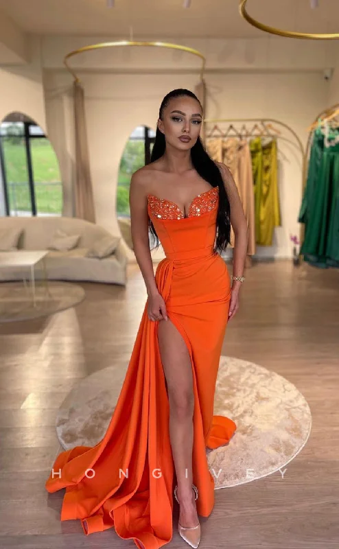 Empire waist elegant maxi dress-L1033 - Sexy Sequined Embellished Strapless With Train And Slit Evening  Prom Formal Prom Party Dress